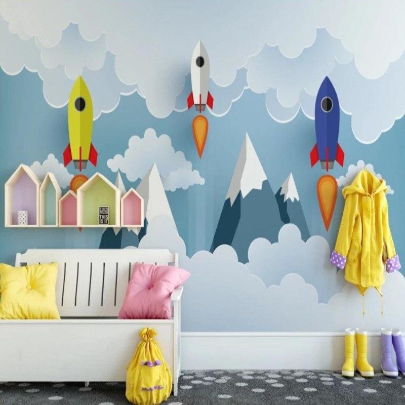 Space adventure wallpaper creating impact in a child's study area with mountain scenery