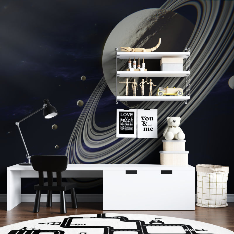 Saturn planet wallpaper creating depth in teen study room with desk setup