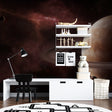 Space galaxy wallpaper with Saturn creating a cozy atmosphere in modern living room