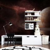 Space galaxy wallpaper with Saturn creating a cozy atmosphere in modern living room
