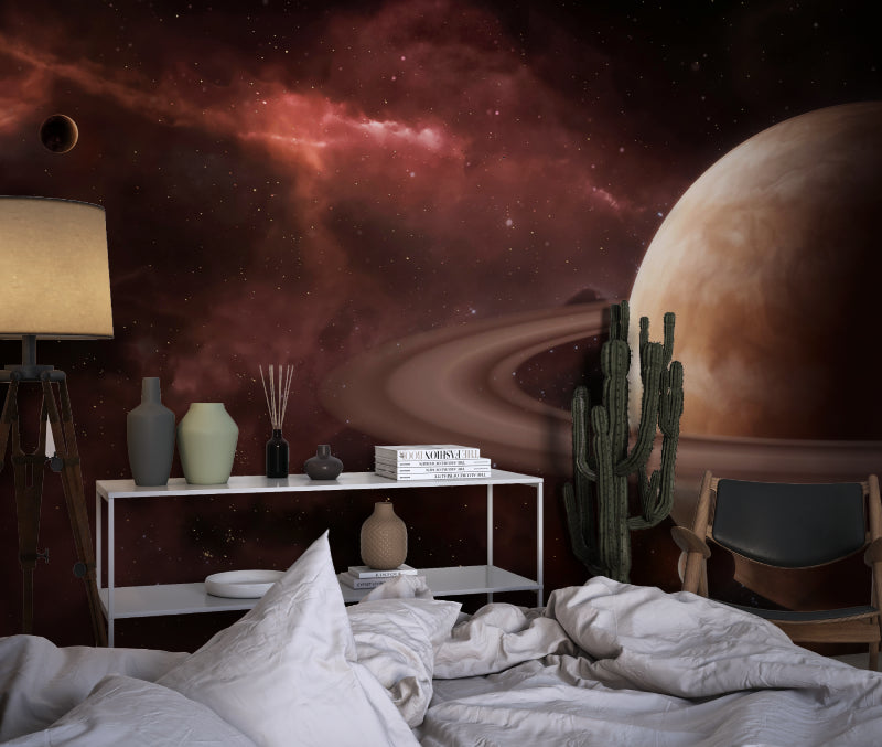 Galaxy wallpaper featuring Saturn transforming a gaming room into space adventure