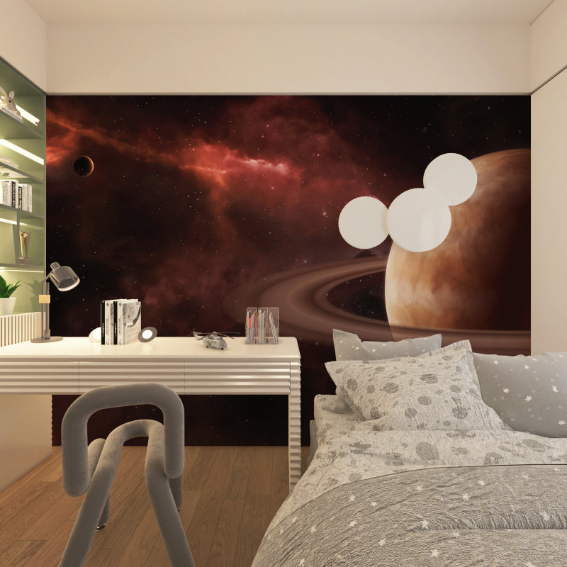 Space mural with burgundy nebula adding warmth to home office setup