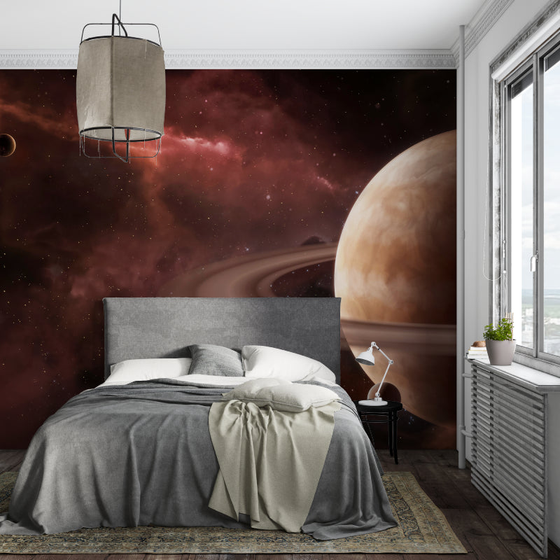 Saturn galaxy wallpaper creating dreamy atmosphere in teen bedroom