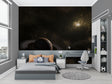 Space galaxy wallpaper with Saturn view creating a magical atmosphere in a modern bedroom