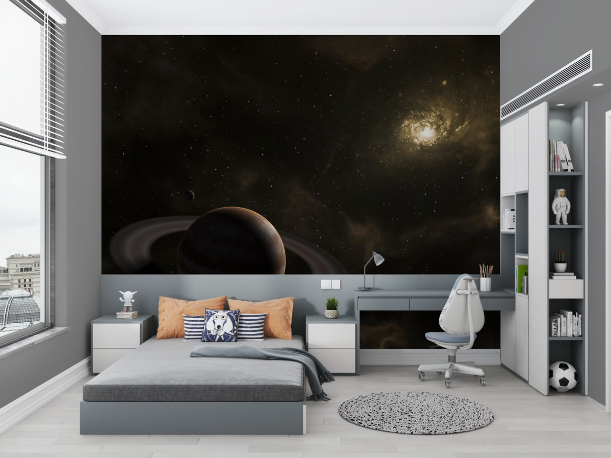 Space galaxy wallpaper with Saturn view creating a magical atmosphere in a modern bedroom