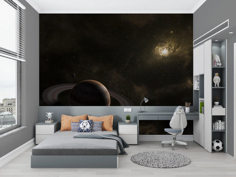 Space galaxy wallpaper with Saturn view creating a magical atmosphere in a modern bedroom