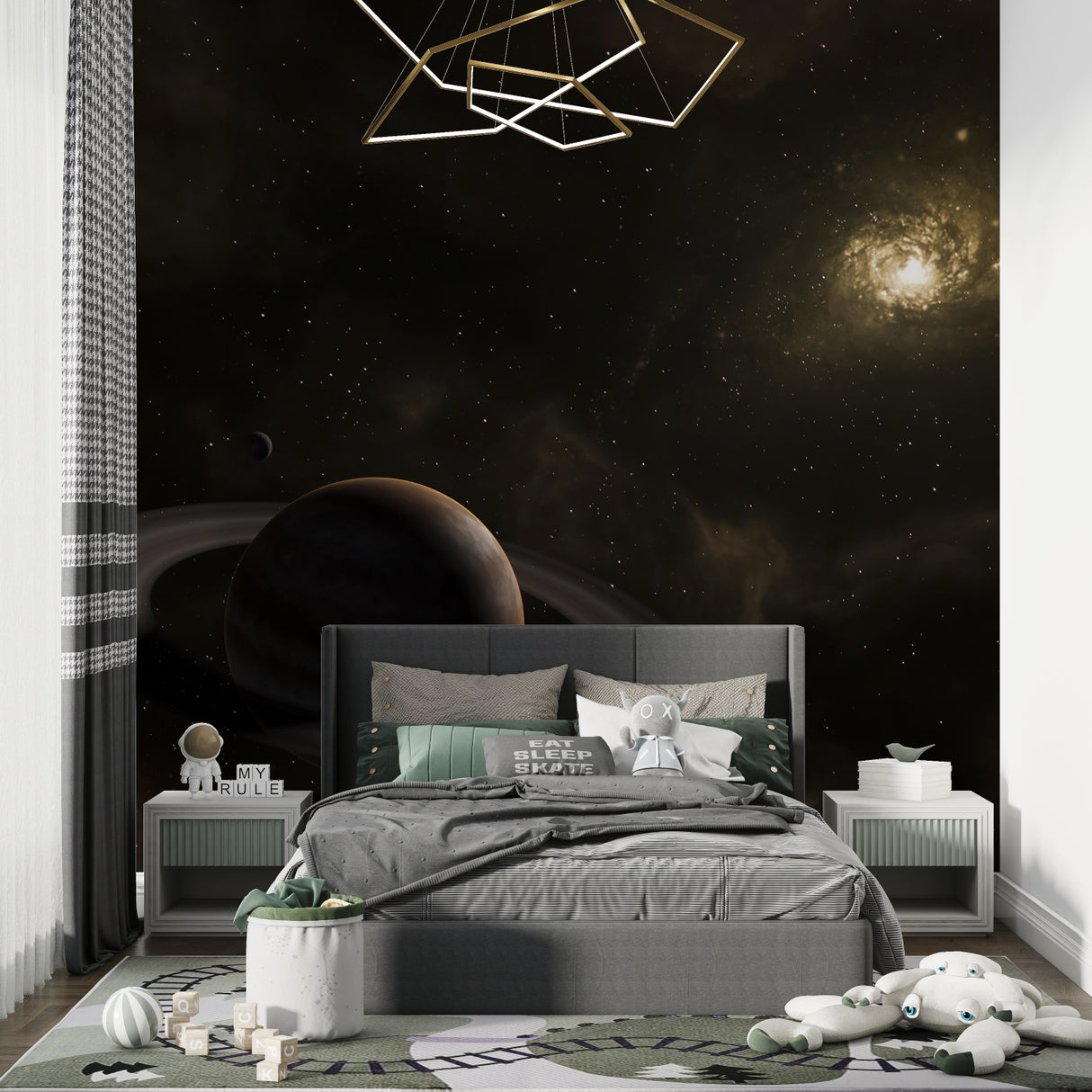 Galaxy wall mural with Saturn view making a living room feel infinite