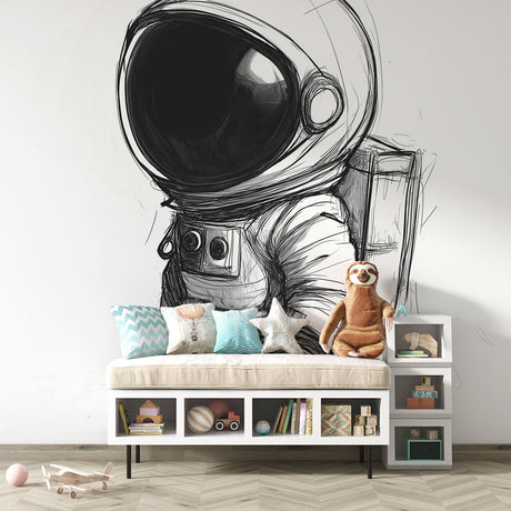 Space Mural Wallpaper with sketched astronaut design shown in a modern home office, creating an inspiring workspace atmosphere