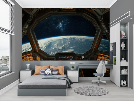 Space station window wallpaper in modern living room showing Earth view from orbit