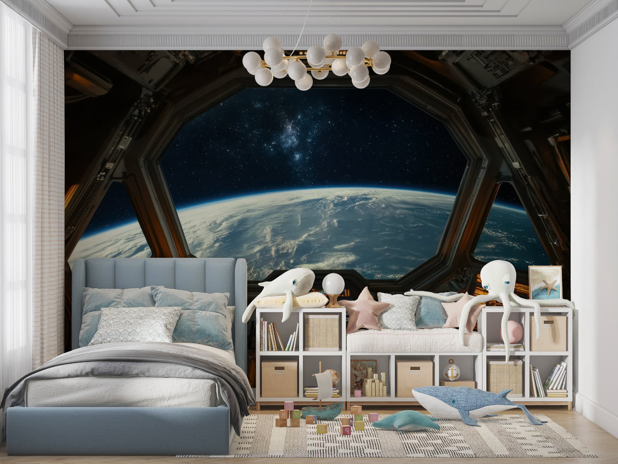 Spacecraft window mural creating depth in home office with Earth view