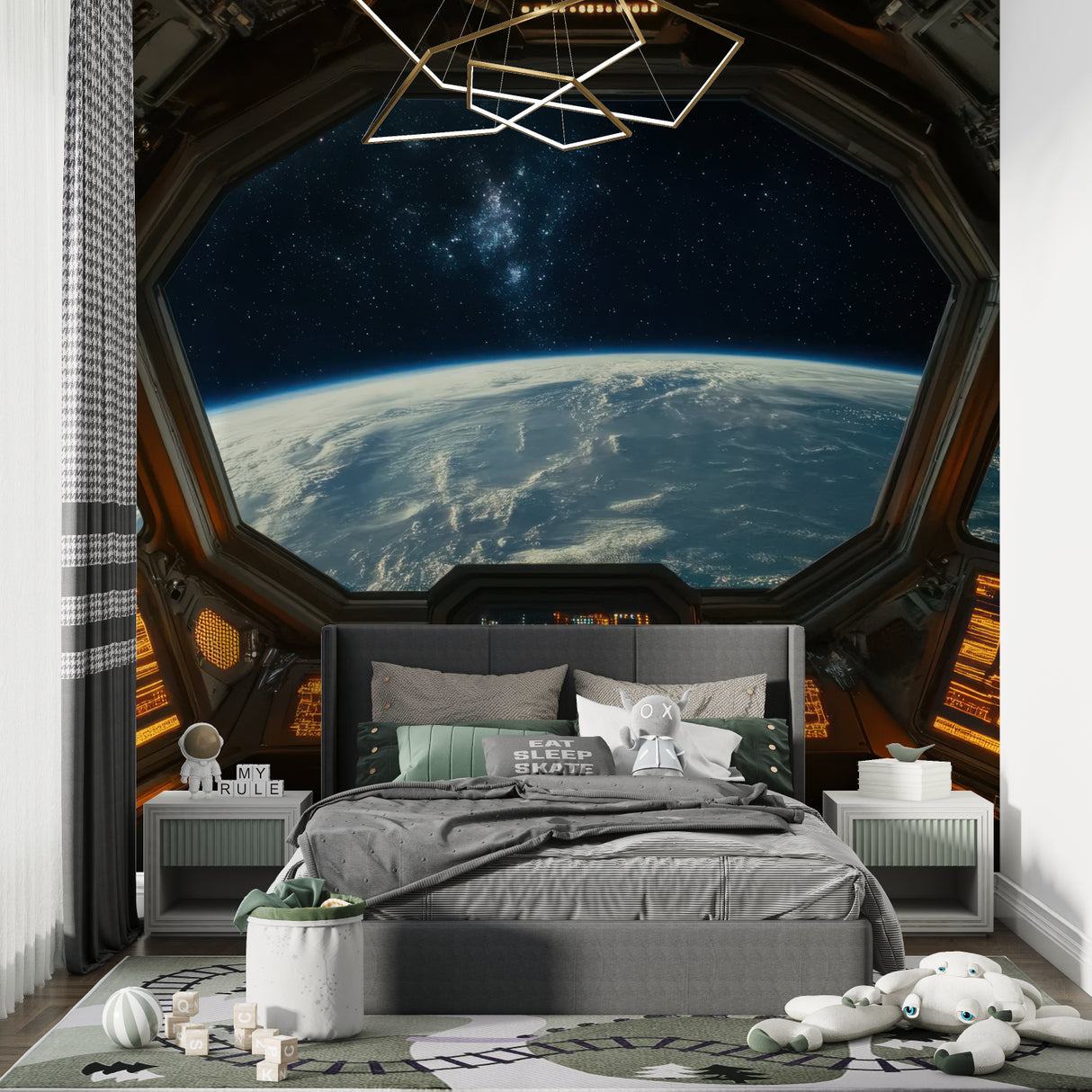 Kids bedroom with space station window wallpaper showing planet Earth