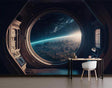 Space window mural wallpaper in modern living room with floating furniture creating astronaut viewing experience