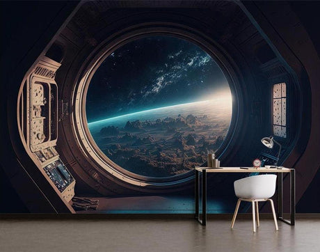 Space window mural wallpaper in modern living room with floating furniture creating astronaut viewing experience