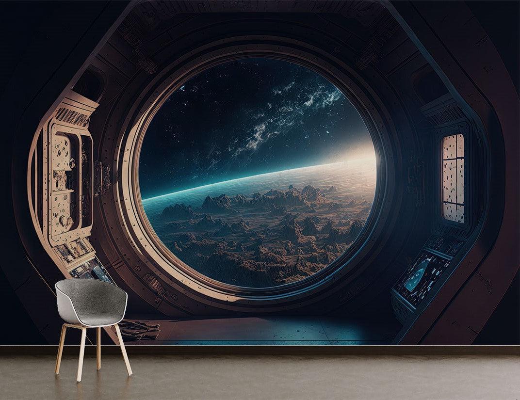 Kids bedroom with space station window wallpaper making room feel like real spacecraft