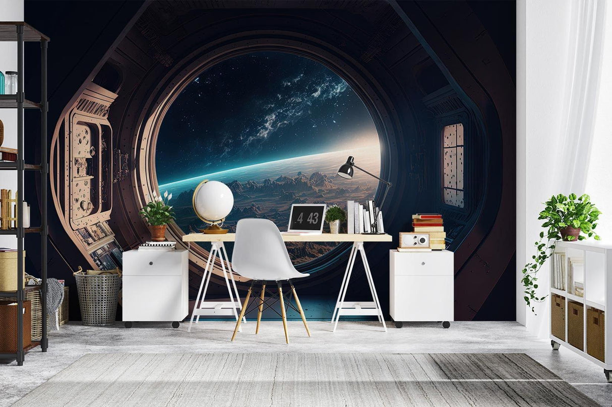 Home office space mural creating immersive work environment with Earth view wallpaper