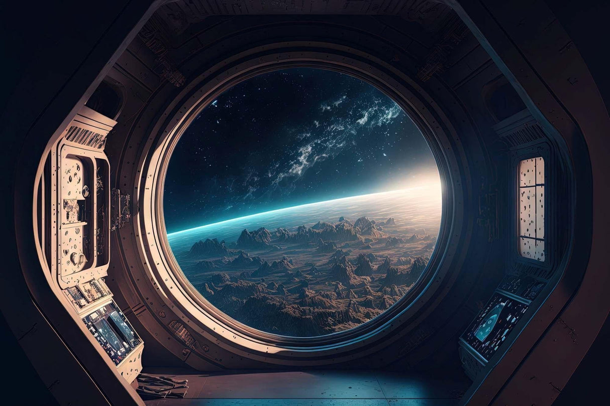 Space window wallpaper design file showing detailed spacecraft frame and Earth view