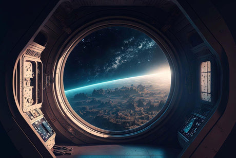 Space window wallpaper design file showing detailed spacecraft frame and Earth view
