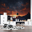 Space galaxy wallpaper in modern bedroom showing sunset colors and stars