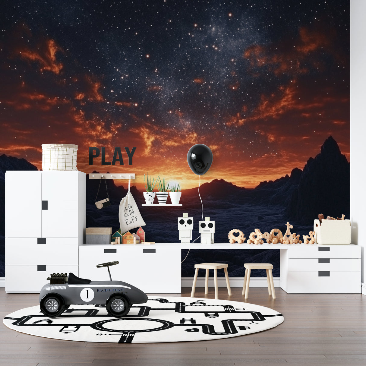 Space galaxy wallpaper in modern bedroom showing sunset colors and stars