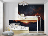 Galaxy wall mural creating depth in gaming room with cosmic sunset view