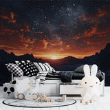 Space wallpaper in teen room showcasing dramatic galaxy sunset
