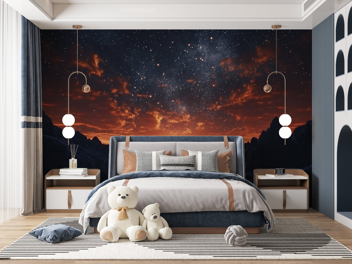 Space mural installation in living room with sunset galaxy pattern