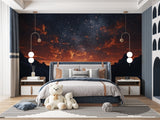 Space mural installation in living room with sunset galaxy pattern
