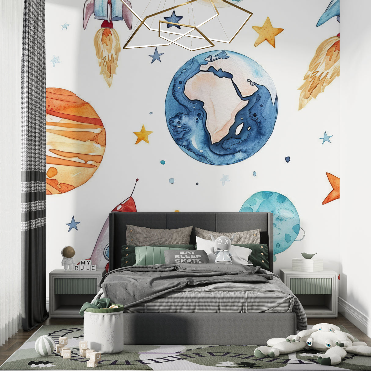 Game room featuring rocket ship wallpaper with comfortable seating area