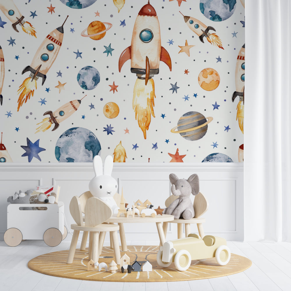 Reading nook with space theme wall mural featuring soft colored rockets and planets