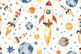 Space theme wallpaper design file showing complete pattern of watercolor rockets and dreamy planets