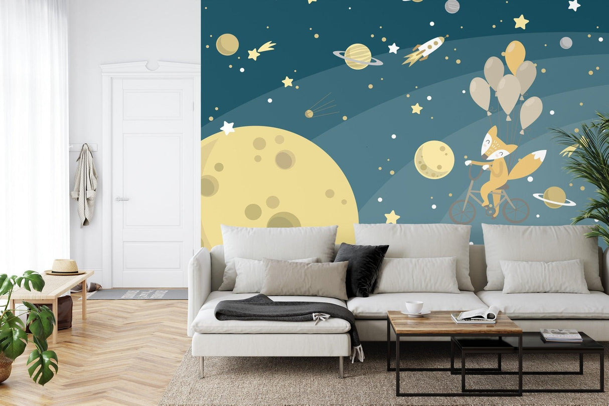 Kids bedroom featuring magical space mural with cycling fox and planets, perfect for storytelling corner