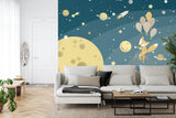 Kids bedroom featuring magical space mural with cycling fox and planets, perfect for storytelling corner