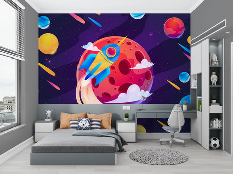 Space rocket wallpaper bringing cosmic adventure to a modern kids bedroom with blue and yellow accents