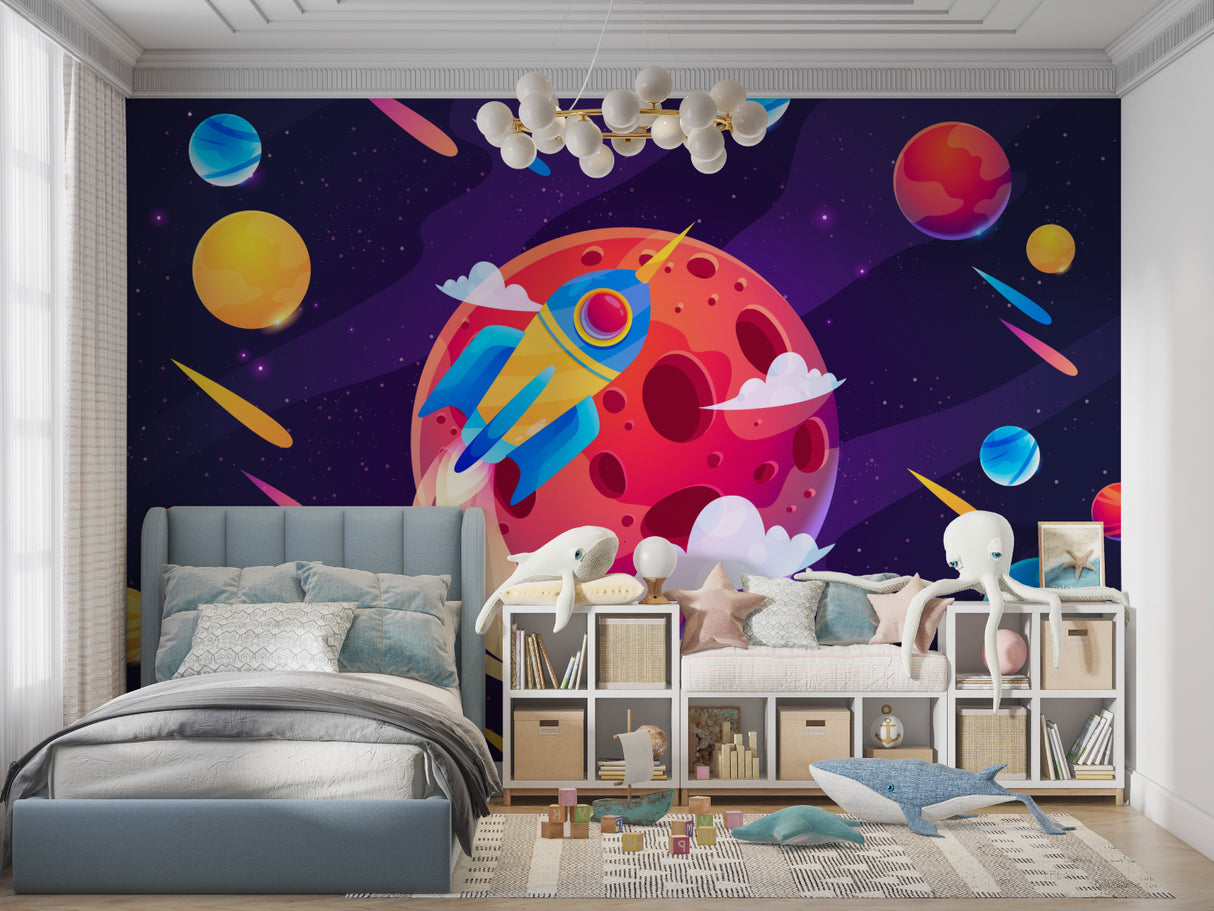 Colorful space mural creating an immersive galaxy theme in a playroom setting