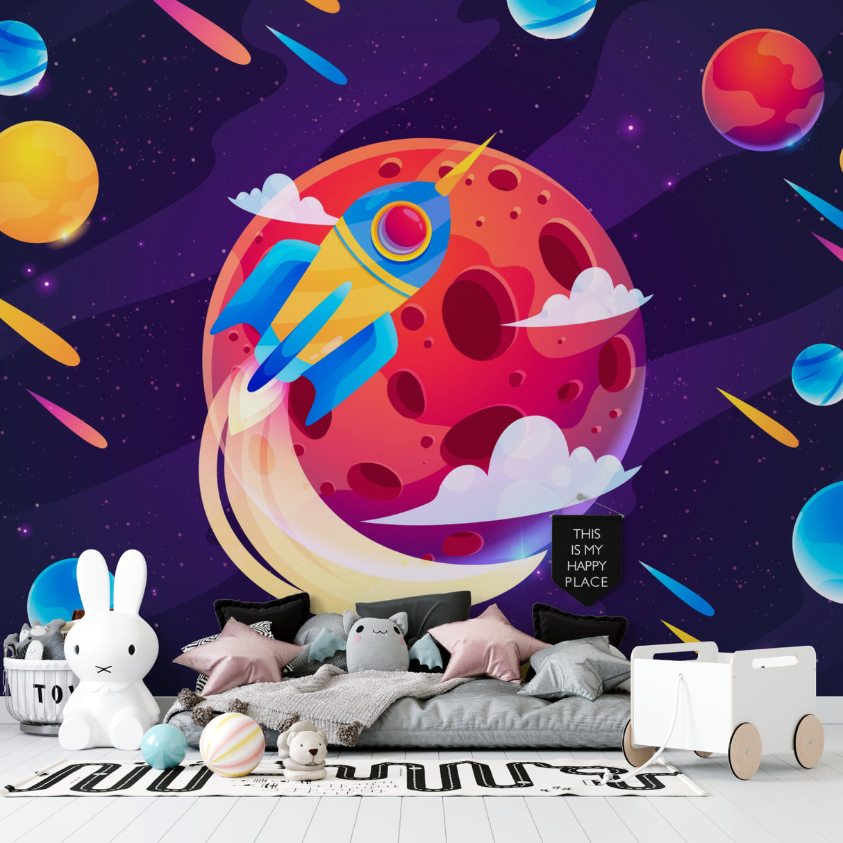 Rocket and planets wallpaper transforming a study area into an educational space corner