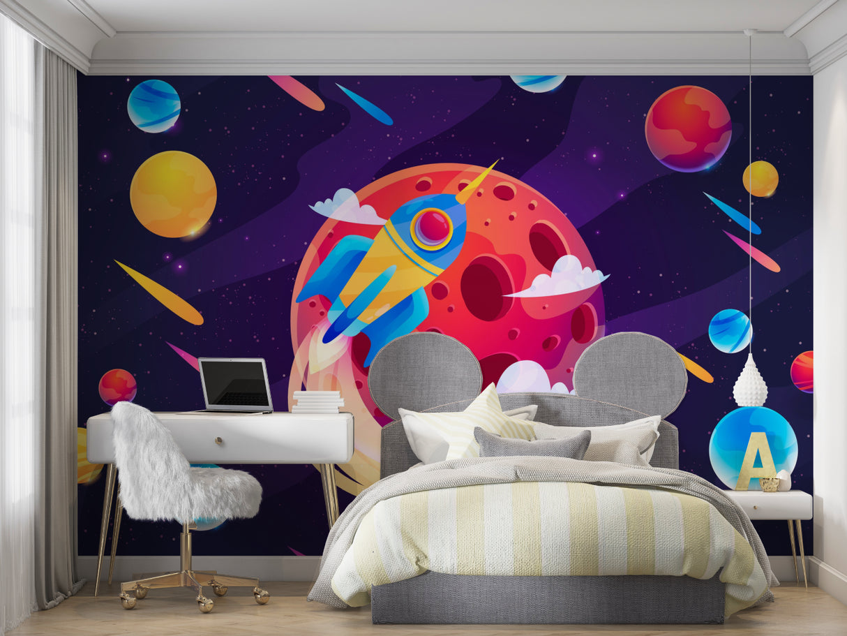 Space themed wall mural adding depth to a nursery with vibrant cosmic elements