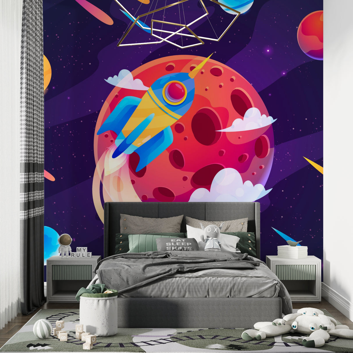 Galaxy wallpaper featuring rockets and planets in a modern gaming room setup
