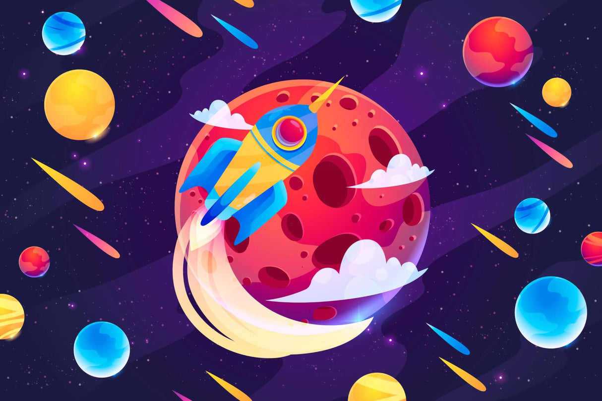 Space rocket wallpaper design file showing detailed planets and meteors pattern