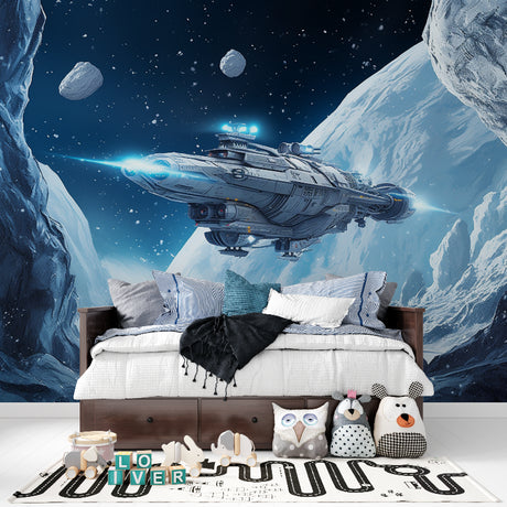 Space ship wallpaper in modern kids bedroom showing glowing spacecraft against starry background