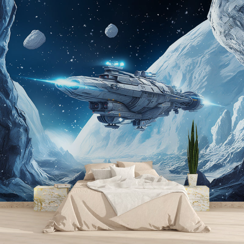 Futuristic space ship mural creating depth in teen gaming room with LED accent lights