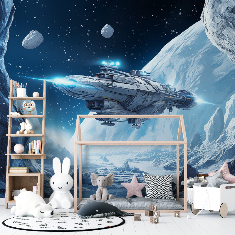 Space themed wall mural in study room showing detailed spacecraft design