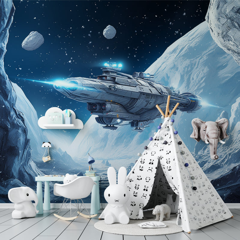 Space ship wallpaper bringing cosmic adventure to family entertainment room
