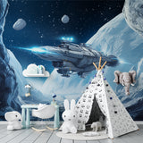 Space ship wallpaper bringing cosmic adventure to family entertainment room