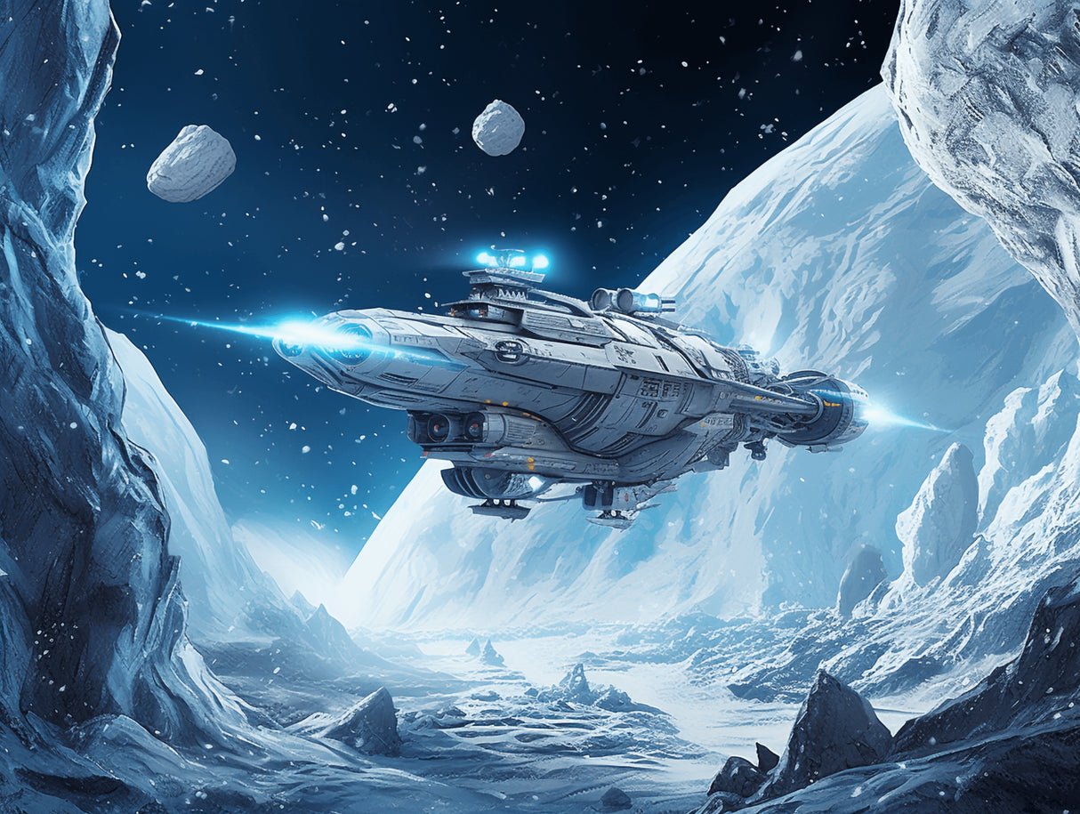 Space ship design file showing detailed spacecraft pattern with glowing energy beams and starry background