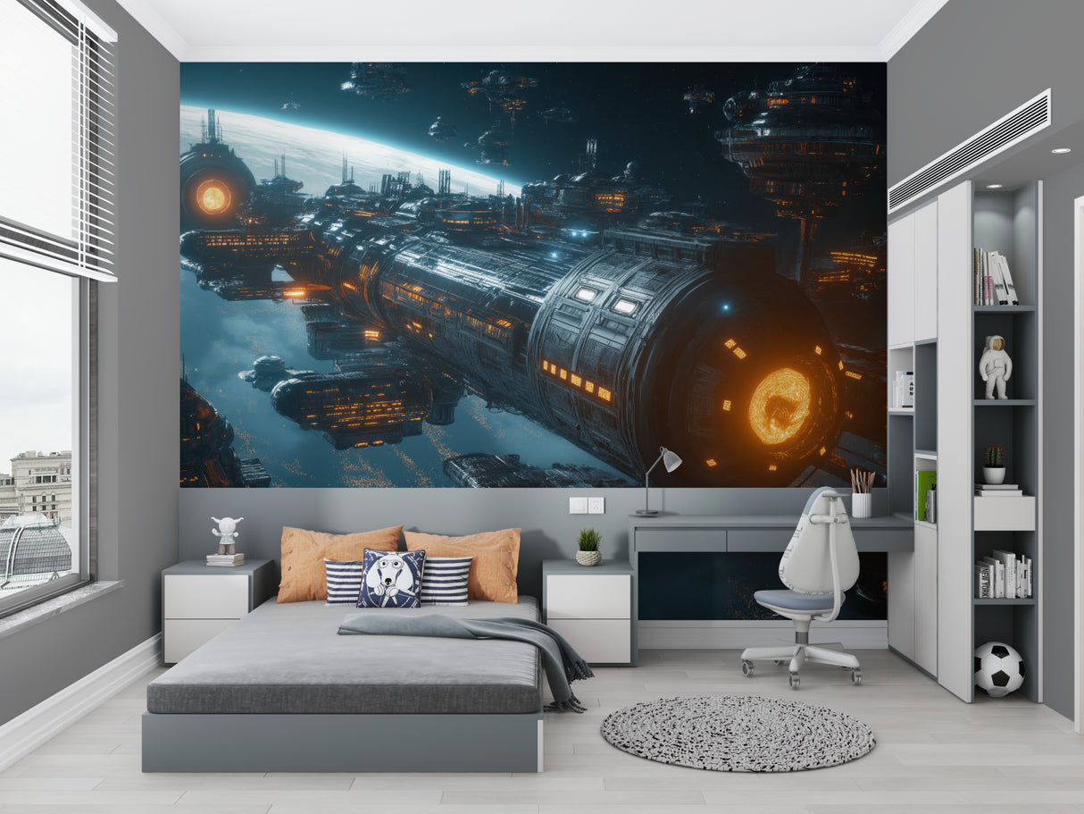 Space station wallpaper in modern gaming room showing detailed space fleet and glowing accents