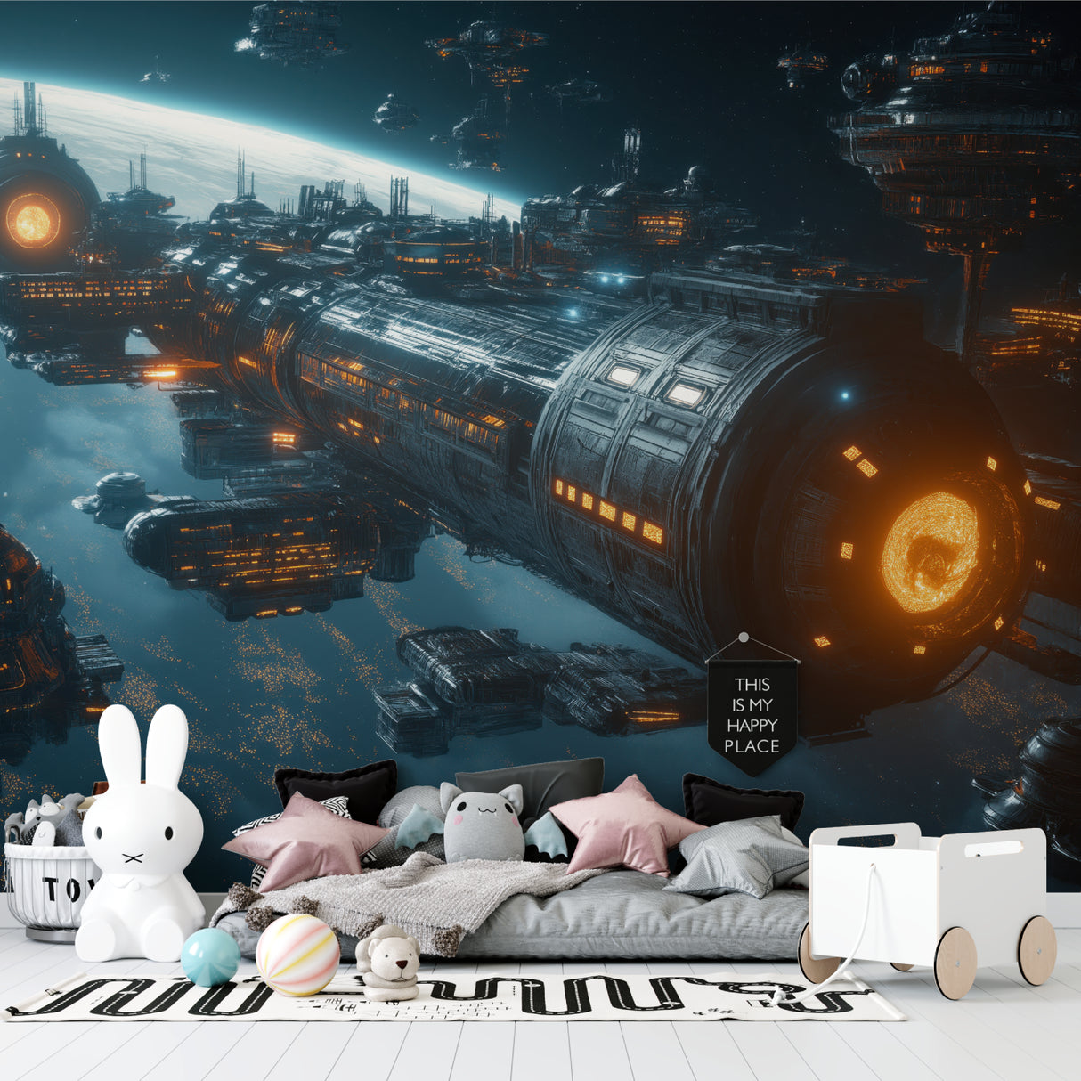 Futuristic space station mural bringing cosmic vibes to teen bedroom