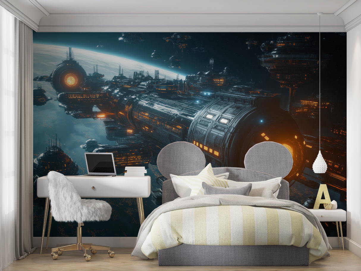 Space themed wall mural showcasing orbital station in home office setup