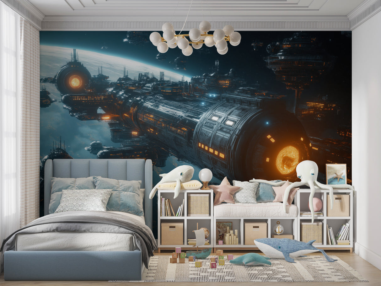 Galaxy fleet wallpaper creating depth in modern living room
