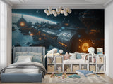 Galaxy fleet wallpaper creating depth in modern living room