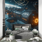 Space station wall design enhancing minimalist bedroom decor